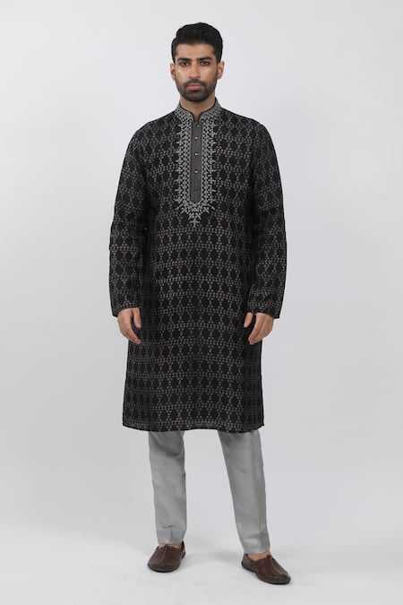 Krishna Mehta Black Tussar Hand Block Printed Bandhani Kurta Set 