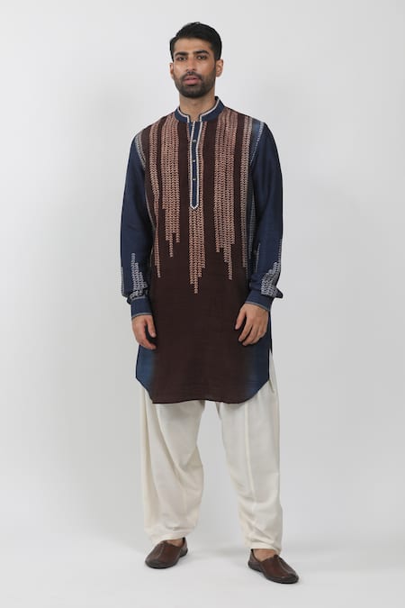 Krishna Mehta Blue Tussar Hand Block Printed Leaf Colorblock Kurta 