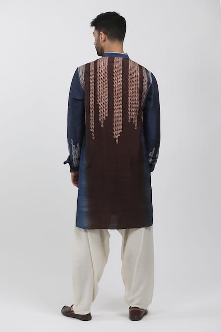 Krishna Mehta Blue Tussar Hand Block Printed Leaf Colorblock Kurta Online at Aza Fashions Krishna Mehta_Blue Tussar Hand Block Printed Leaf Colorblock Kurta _Online_at_Aza_Fashions