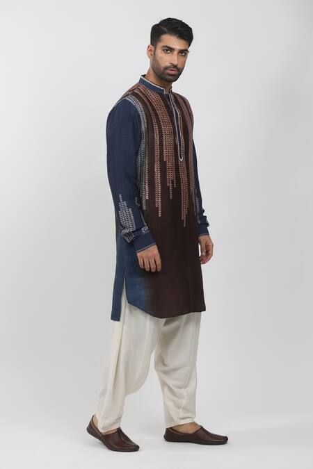 Buy Krishna Mehta Blue Tussar Hand Block Printed Leaf Colorblock Kurta Online at Aza Fashions Buy_Krishna Mehta_Blue Tussar Hand Block Printed Leaf Colorblock Kurta _Online_at_Aza_Fashions