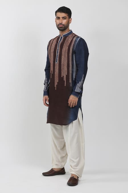 Shop Krishna Mehta Blue Tussar Hand Block Printed Leaf Colorblock Kurta Online at Aza Fashions Shop_Krishna Mehta_Blue Tussar Hand Block Printed Leaf Colorblock Kurta _Online_at_Aza_Fashions
