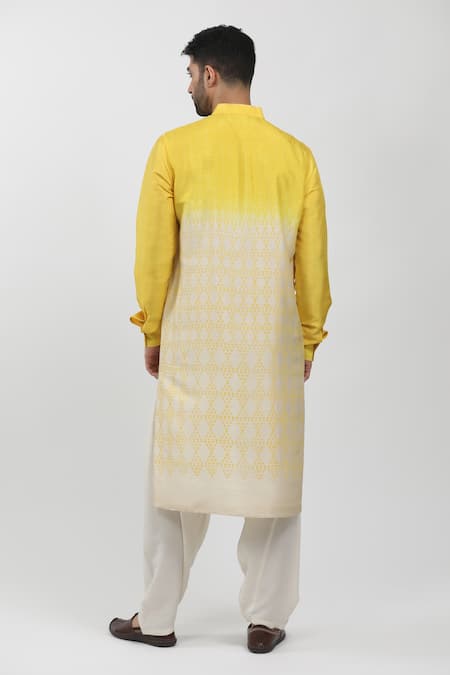 Krishna Mehta Yellow Tussar Hand Block Printed Bandhani Colorblock Kurta Online at Aza Fashions Krishna Mehta_Yellow Tussar Hand Block Printed Bandhani Colorblock Kurta _Online_at_Aza_Fashions
