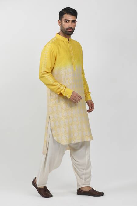 Buy Krishna Mehta Yellow Tussar Hand Block Printed Bandhani Colorblock Kurta Online at Aza Fashions Buy_Krishna Mehta_Yellow Tussar Hand Block Printed Bandhani Colorblock Kurta _Online_at_Aza_Fashions