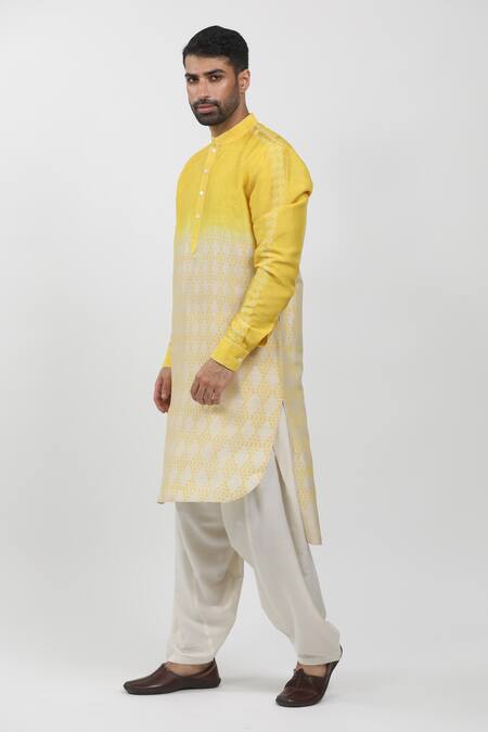 Shop Krishna Mehta Yellow Tussar Hand Block Printed Bandhani Colorblock Kurta Online at Aza Fashions Shop_Krishna Mehta_Yellow Tussar Hand Block Printed Bandhani Colorblock Kurta _Online_at_Aza_Fashions