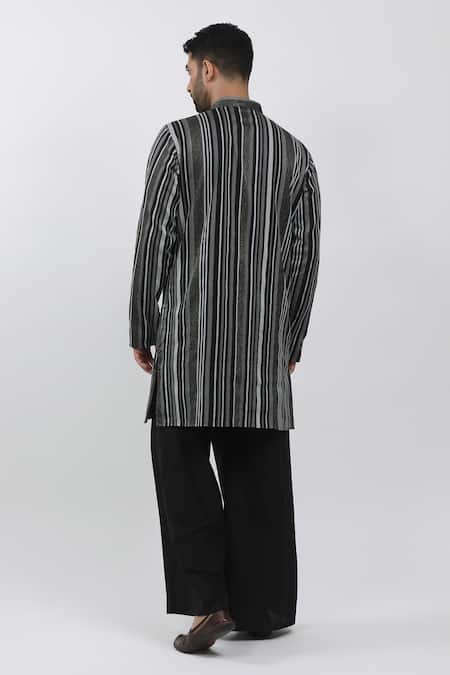 Krishna Mehta_Black Cotton, Viscose Embroidery Textured Stripe Kurta Set _Online_at_Aza_Fashions