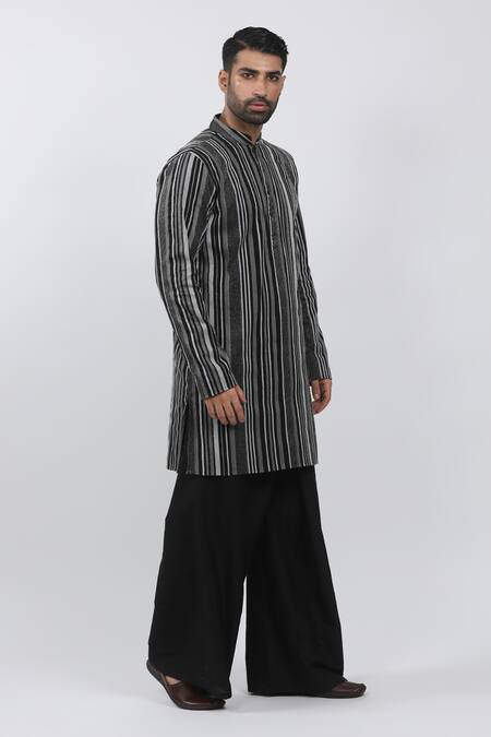 Buy_Krishna Mehta_Black Cotton, Viscose Embroidery Textured Stripe Kurta Set _Online_at_Aza_Fashions