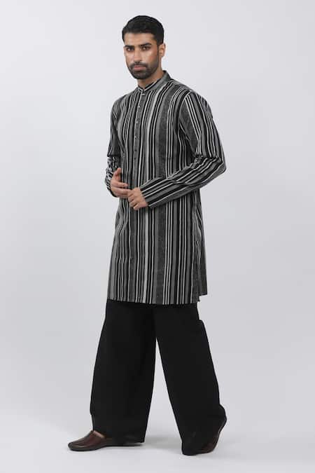 Shop_Krishna Mehta_Black Cotton, Viscose Embroidery Textured Stripe Kurta Set _Online_at_Aza_Fashions