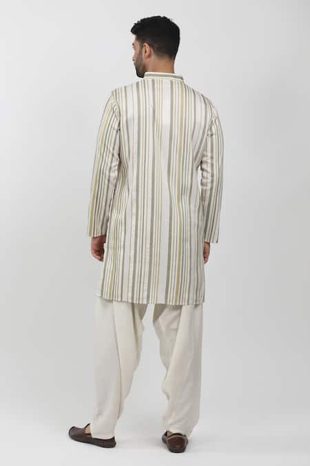 Krishna Mehta Off White Cotton, Viscose Embroidery Stripe Pattern Kurta Set Online at Aza Fashions Krishna Mehta_Off White Cotton, Viscose Embroidery Stripe Pattern Kurta Set _Online_at_Aza_Fashions