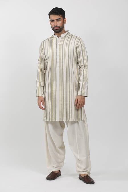 Buy Krishna Mehta Off White Cotton, Viscose Embroidery Stripe Pattern Kurta Set Online at Aza Fashions Buy_Krishna Mehta_Off White Cotton, Viscose Embroidery Stripe Pattern Kurta Set _Online_at_Aza_Fashions