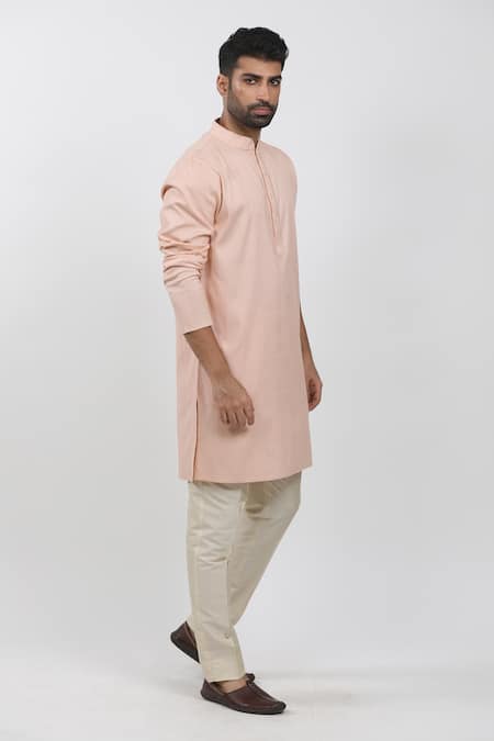 Buy_Krishna Mehta_Peach Cotton, Viscose Mandarin Collar Textured Kurta Set _Online_at_Aza_Fashions