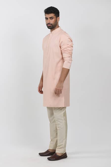 Shop_Krishna Mehta_Peach Cotton, Viscose Mandarin Collar Textured Kurta Set _Online_at_Aza_Fashions