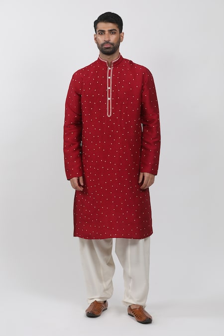 Buy_Krishna Mehta_Red Tussar Embroidery Polka Dots Pattern Kurta Set _Online_at_Aza_Fashions