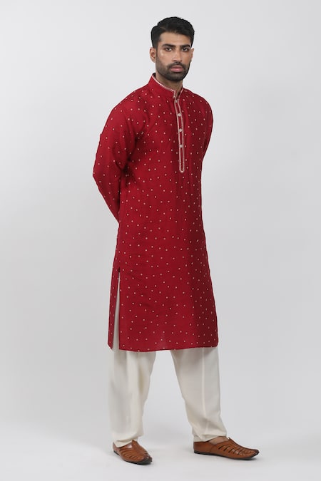 Shop_Krishna Mehta_Red Tussar Embroidery Polka Dots Pattern Kurta Set _Online_at_Aza_Fashions