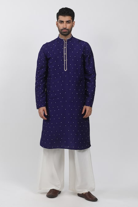 Krishna Mehta Purple Tussar Embroidery Full Sleeve Polka Dots Kurta Set 