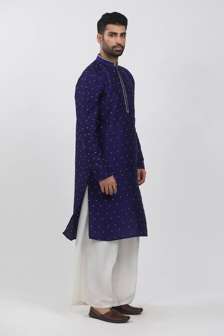 Buy_Krishna Mehta_Purple Tussar Embroidery Full Sleeve Polka Dots Kurta Set_Online_at_Aza_Fashions