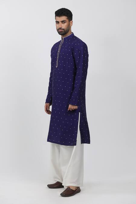 Shop_Krishna Mehta_Purple Tussar Embroidery Full Sleeve Polka Dots Kurta Set_Online_at_Aza_Fashions