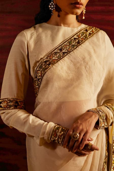 Shop Mimamsaa Ivory Silk Munga Woven And Embroidered Sequin & Thread Work Alice Sleeve Blouse at Aza Fashions Shop_Mimamsaa_Ivory Silk Munga Woven And Embroidered Sequin & Thread Work Alice Sleeve Blouse _at_Aza_Fashions