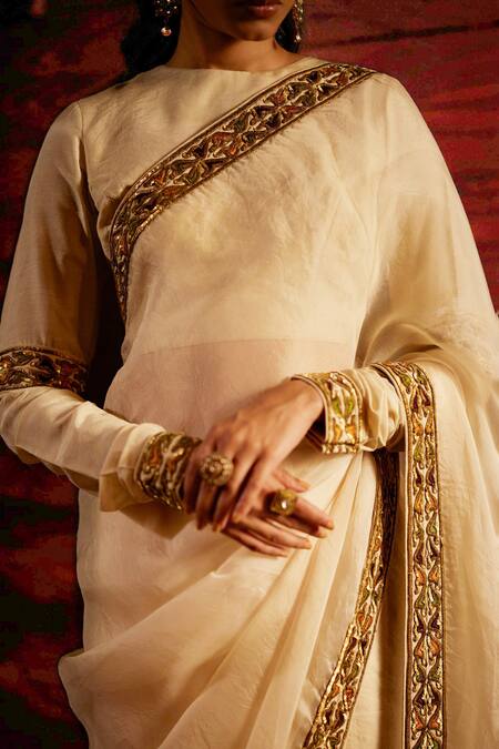 Mimamsaa Ivory Silk Munga Woven And Embroidered Sequin & Thread Work Alice Sleeve Blouse Online at Aza Fashions Mimamsaa_Ivory Silk Munga Woven And Embroidered Sequin & Thread Work Alice Sleeve Blouse _Online_at_Aza_Fashions