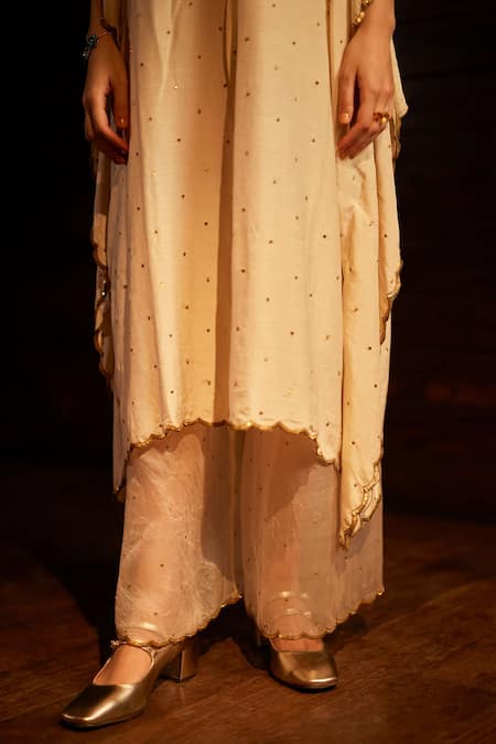 Shop_Mimamsaa_Ivory Silk, Organza Embroidery V-neck Anne Sequin Kaftan And Pant Set _Online_at_Aza_Fashions