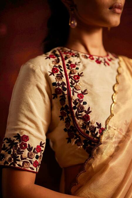 Mimamsaa_Ivory Silk Munga Woven And Embroidered Sequin & Thread Work Diana Floral Blouse _Online_at_Aza_Fashions