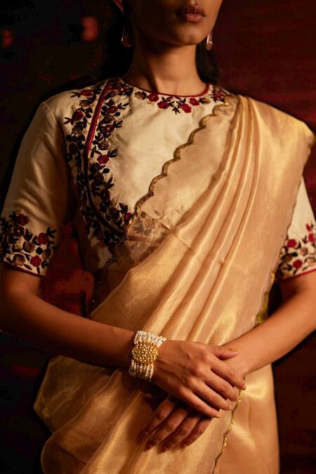 Shop_Mimamsaa_Ivory Silk Munga Woven And Embroidered Sequin & Thread Work Diana Floral Blouse _Online_at_Aza_Fashions