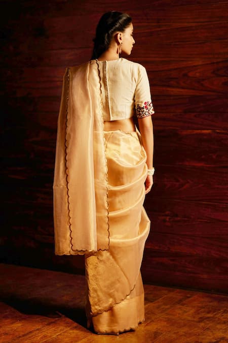 Shop_Mimamsaa_Gold Silk Tissue Woven And Embroidered Sequin Work Diana Saree With Blouse Piece _at_Aza_Fashions