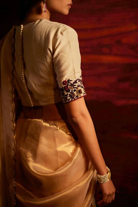 Buy_Mimamsaa_Gold Silk Tissue Woven And Embroidered Sequin Work Diana Saree With Blouse Piece _Online_at_Aza_Fashions