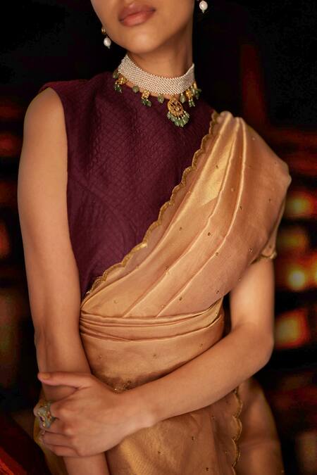 Mimamsaa Purple Silk Munga Woven And Quilted Thread Work Round Neck Emilia & Blouse Online at Aza Fashions Mimamsaa_Purple Silk Munga Woven And Quilted Thread Work Round Neck Emilia & Blouse _Online_at_Aza_Fashions