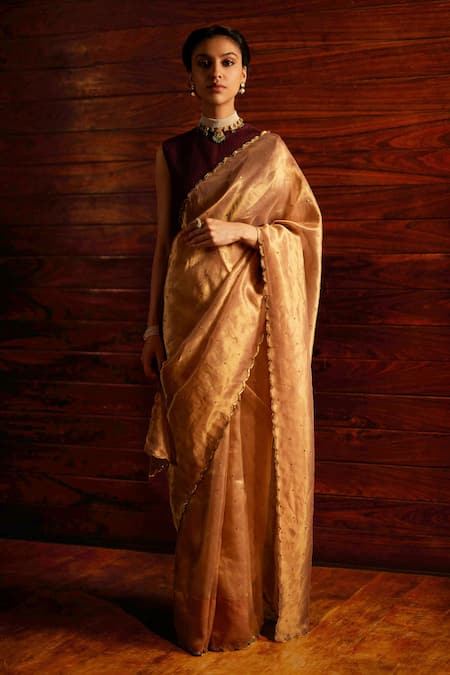 Mimamsaa Gold Silk Tissue Woven And Embroidered Diana Saree With Blouse Piece 