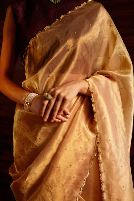 PEACH and SILVER PLAIN TISSUE SILK Saree with FANCY – Cherrypick