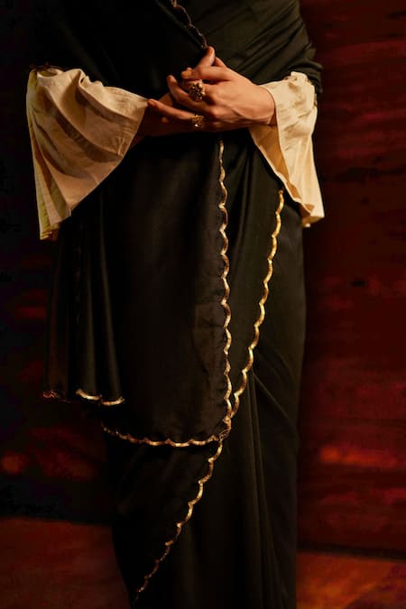 Mimamsaa_Black Silk Sequins Round Neck Olivia Woven Saree With Blouse Piece _Online_at_Aza_Fashions