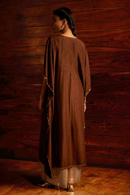 Shop Mimamsaa Brown Silk, Organza Embroidery V-neck Ophelia Sequin Kaftan And Pant Set at Aza Fashions Shop_Mimamsaa_Brown Silk, Organza Embroidery V-neck Ophelia Sequin Kaftan And Pant Set _at_Aza_Fashions