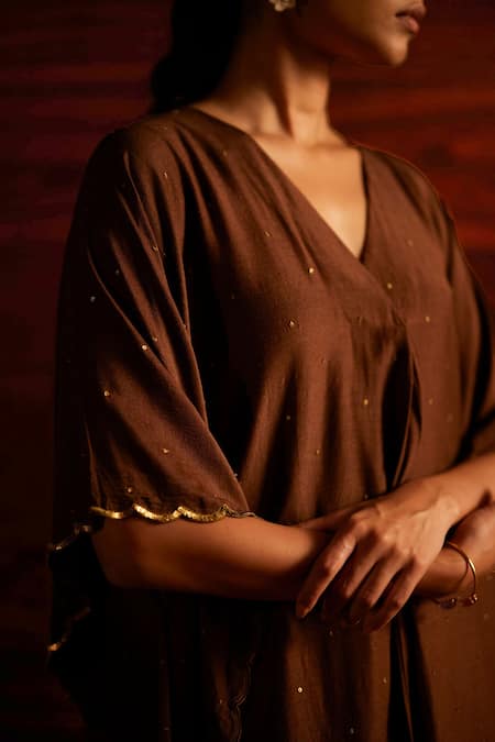 Mimamsaa Brown Silk, Organza Embroidery V-neck Ophelia Sequin Kaftan And Pant Set Online at Aza Fashions Mimamsaa_Brown Silk, Organza Embroidery V-neck Ophelia Sequin Kaftan And Pant Set _Online_at_Aza_Fashions