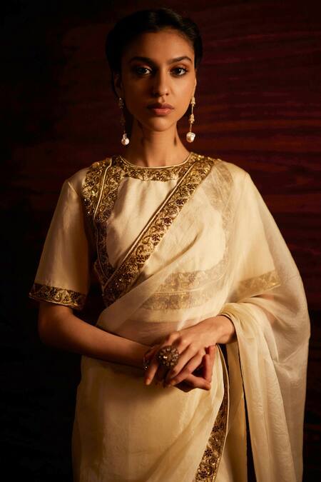 Buy_Mimamsaa_Ivory Silk Organza Woven And Titania Saree With Blouse Piece  _Online_at_Aza_Fashions