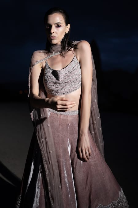 COUTURE BY NIHARIKA Purple Velvet, Organza, Net Sequins, Placement Hand Embroidered Lehenga Set at Aza Fashions COUTURE BY NIHARIKA_Purple Velvet, Organza, Net Sequins, Placement Hand Embroidered Lehenga Set _at_Aza_Fashions