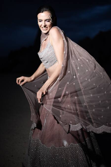 Buy COUTURE BY NIHARIKA Purple Velvet, Organza, Net Sequins, Placement Hand Embroidered Lehenga Set Buy_COUTURE BY NIHARIKA_Purple Velvet, Organza, Net Sequins, Placement Hand Embroidered Lehenga Set