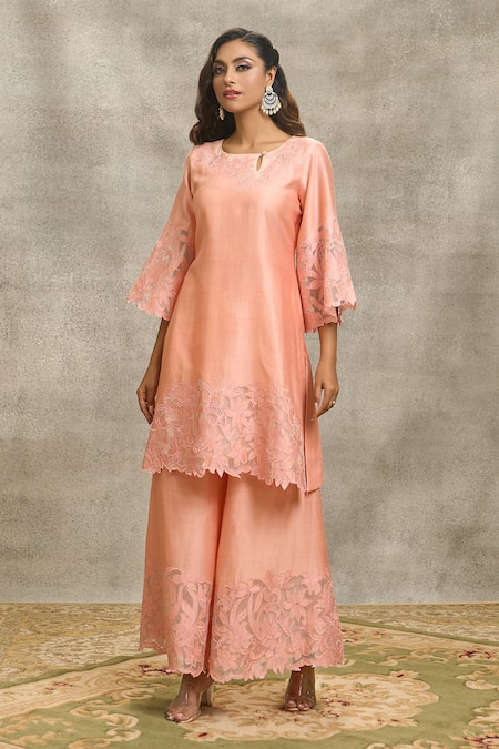 Shop_Surabhi Arya_Peach Silk, Organza, Chanderi Embroidery, Cut Kurta Set With Light Green Dupatta _Online_at_Aza_Fashions