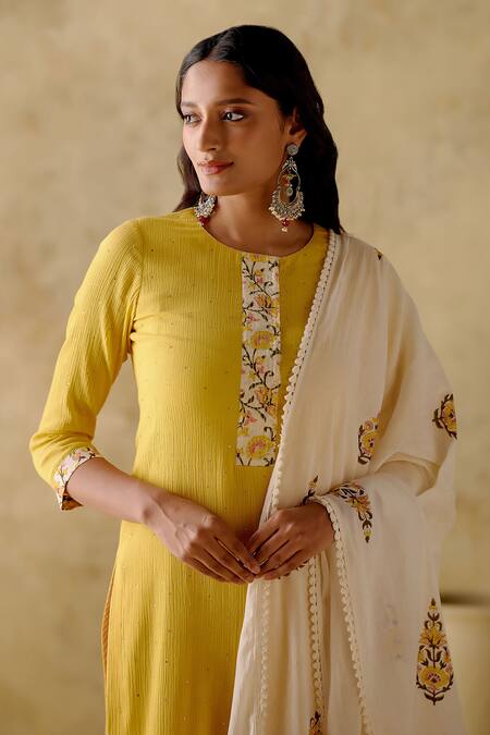 Varun Chhabra_Yellow Muslin, Cotton Embroidery Round Neck Placket Printed Kurta Set_Online_at_Aza_Fashions