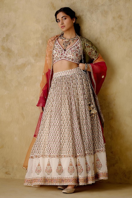 Cream Ivory Banarasi Lehenga Set with Mirror Embroidered Blouse and Dupatta  - Seasons India