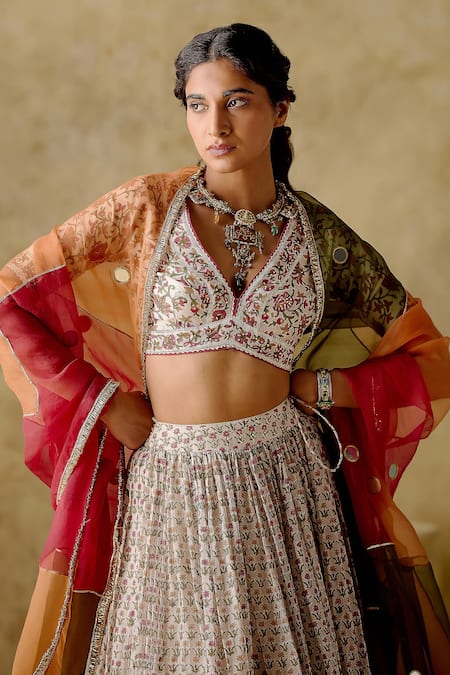 Buy_Varun Chhabra_Maroon Chanderi Silk, Organza Sequins, Floral Hand Block Printed Lehenga Set_Online_at_Aza_Fashions