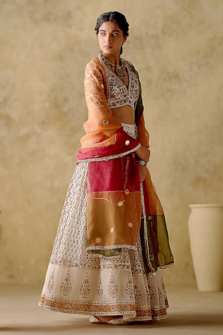 Varun Chhabra_Maroon Chanderi Silk, Organza Sequins, Floral Hand Block Printed Lehenga Set_at_Aza_Fashions