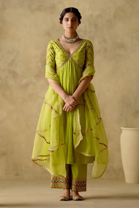 VARUN CHHABRA Green Anarkali And Palazzo Chanderi Silk Lined With Mul Cotton Resham Set