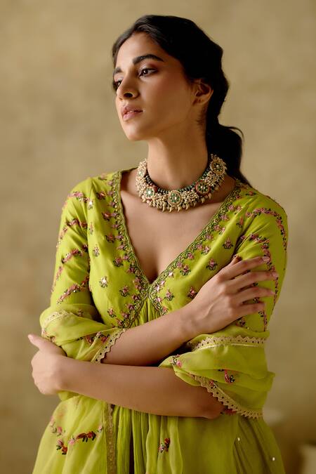 Varun Chhabra_Green Anarkali And Palazzo Chanderi Silk Lined With Mul Cotton Resham Set_Online_at_Aza_Fashions