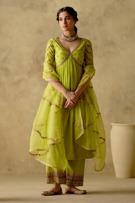 Buy_Varun Chhabra_Green Anarkali And Palazzo Chanderi Silk Lined With Mul Cotton Resham Set_Online_at_Aza_Fashions
