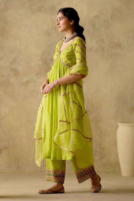 Shop_Varun Chhabra_Green Anarkali And Palazzo Chanderi Silk Lined With Mul Cotton Resham Set_Online_at_Aza_Fashions
