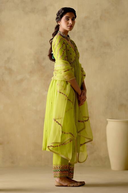 Varun Chhabra_Green Anarkali And Palazzo Chanderi Silk Lined With Mul Cotton Resham Set_at_Aza_Fashions