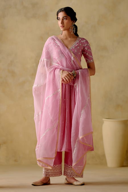 VARUN CHHABRA Pink Anarkali And Palazzo Chanderi Silk Lined With Mul Cotton Dabka Set
