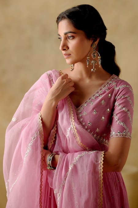 Varun Chhabra_Pink Chanderi Silk, Muslin, Organza, Cotton Dabka Anarkali Palazzo Set_Online_at_Aza_Fashions