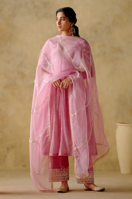 Buy_Varun Chhabra_Pink Chanderi Silk, Muslin, Organza, Cotton Dabka Anarkali Palazzo Set_Online_at_Aza_Fashions