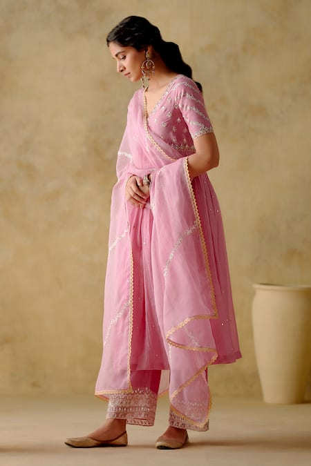 Shop_Varun Chhabra_Pink Chanderi Silk, Muslin, Organza, Cotton Dabka Anarkali Palazzo Set_Online_at_Aza_Fashions